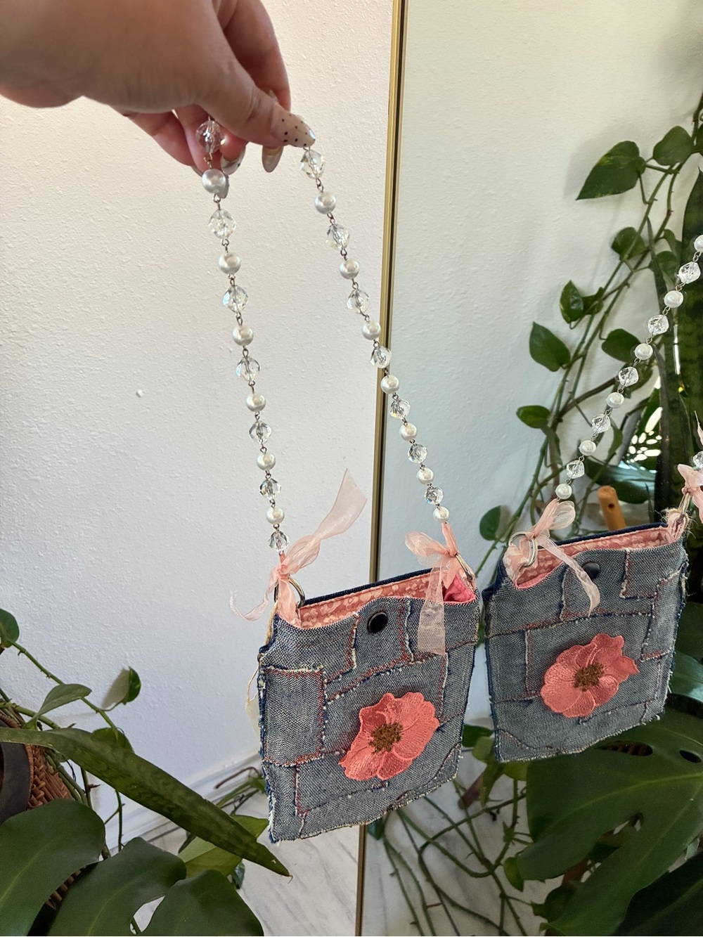 Pearl-Chain Denim Crossbody Bag with Pink Floral Appliqué